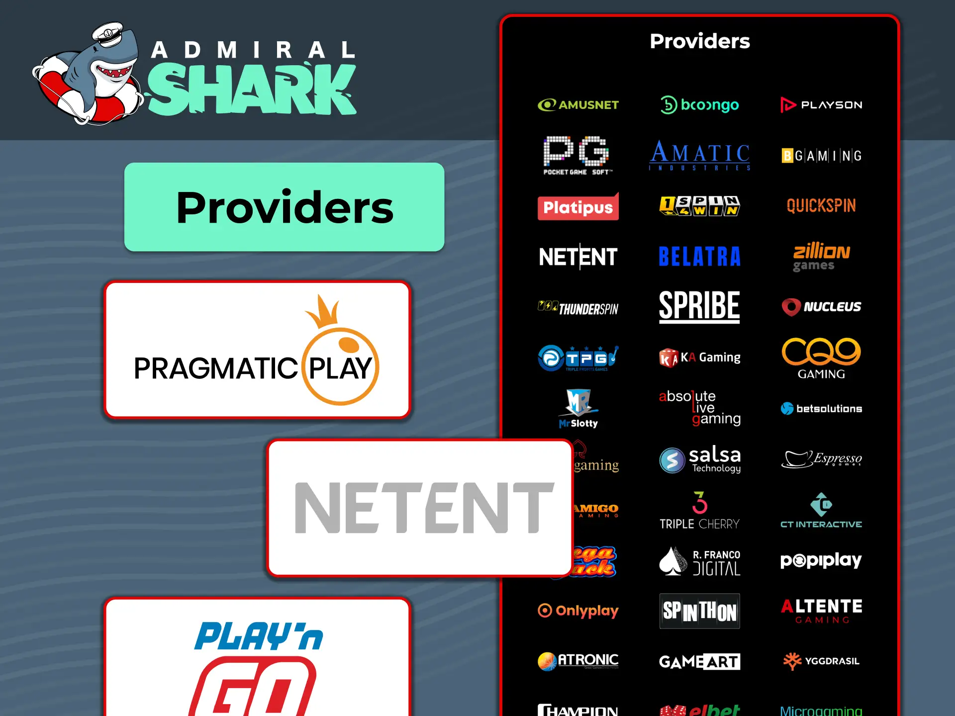 Browse hundreds of licensed slot games by software studio at Admiral Shark UK.